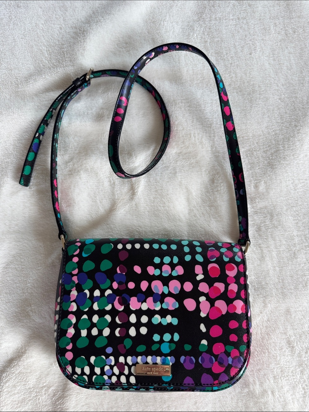 Like new Kate spade Black Crossbody with Multi-Colored Dot Print